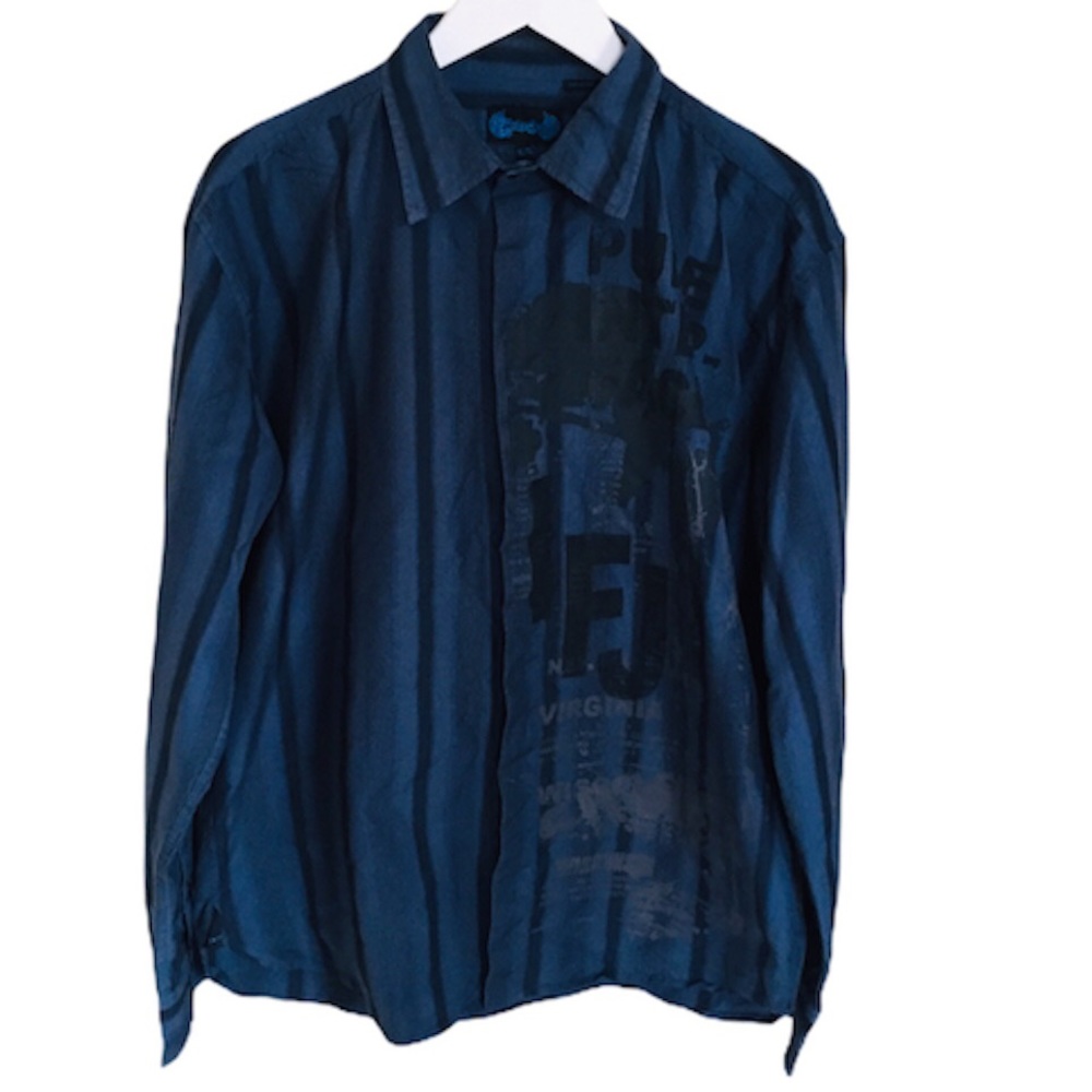 INTERFACE (Point Zero) Stripe Button Down Shirt With Back Detail Navy Blue Sz XL